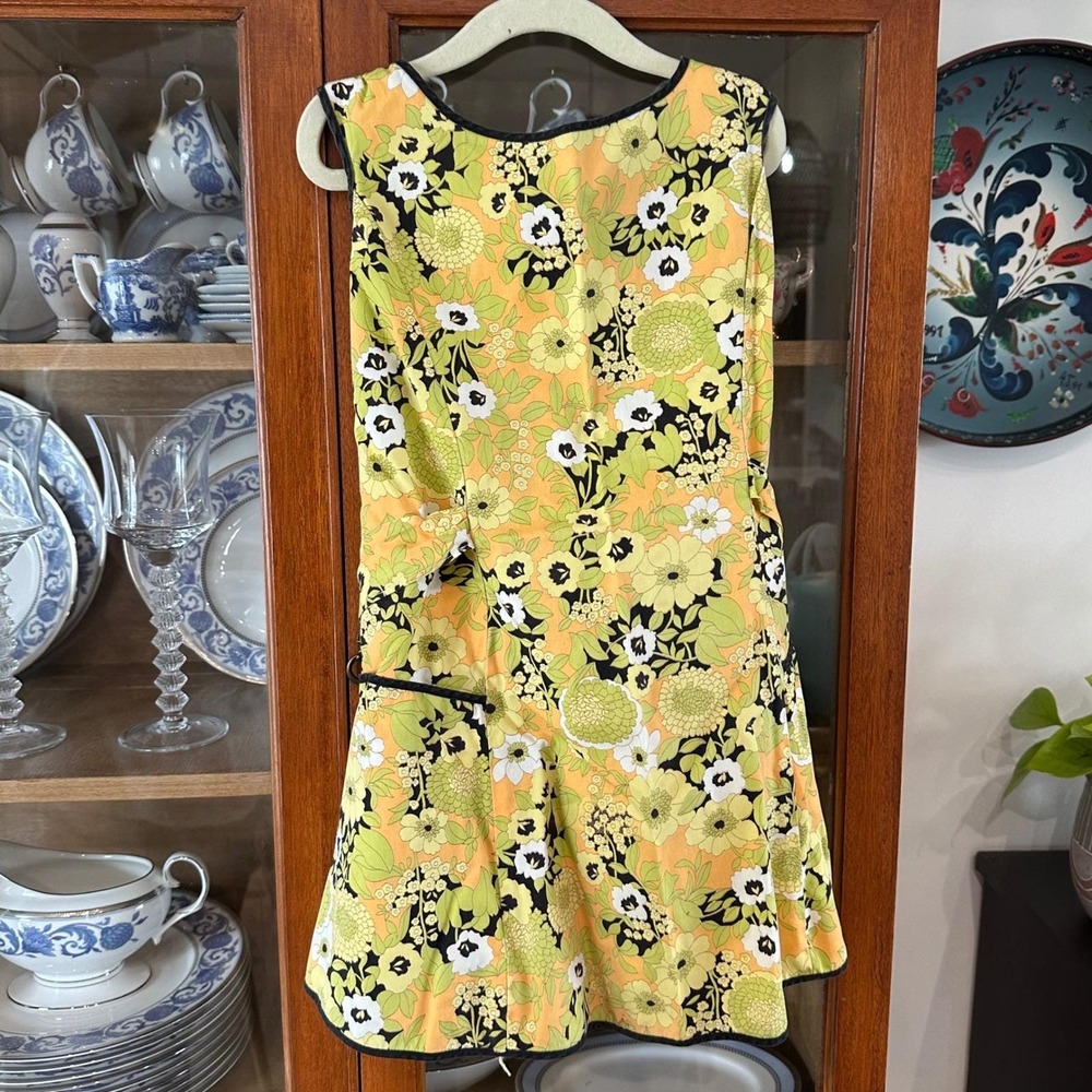 VTG 60s Kids Handmade Groovy Flower Power Apron Pinafore Dress Green Yellow Rare